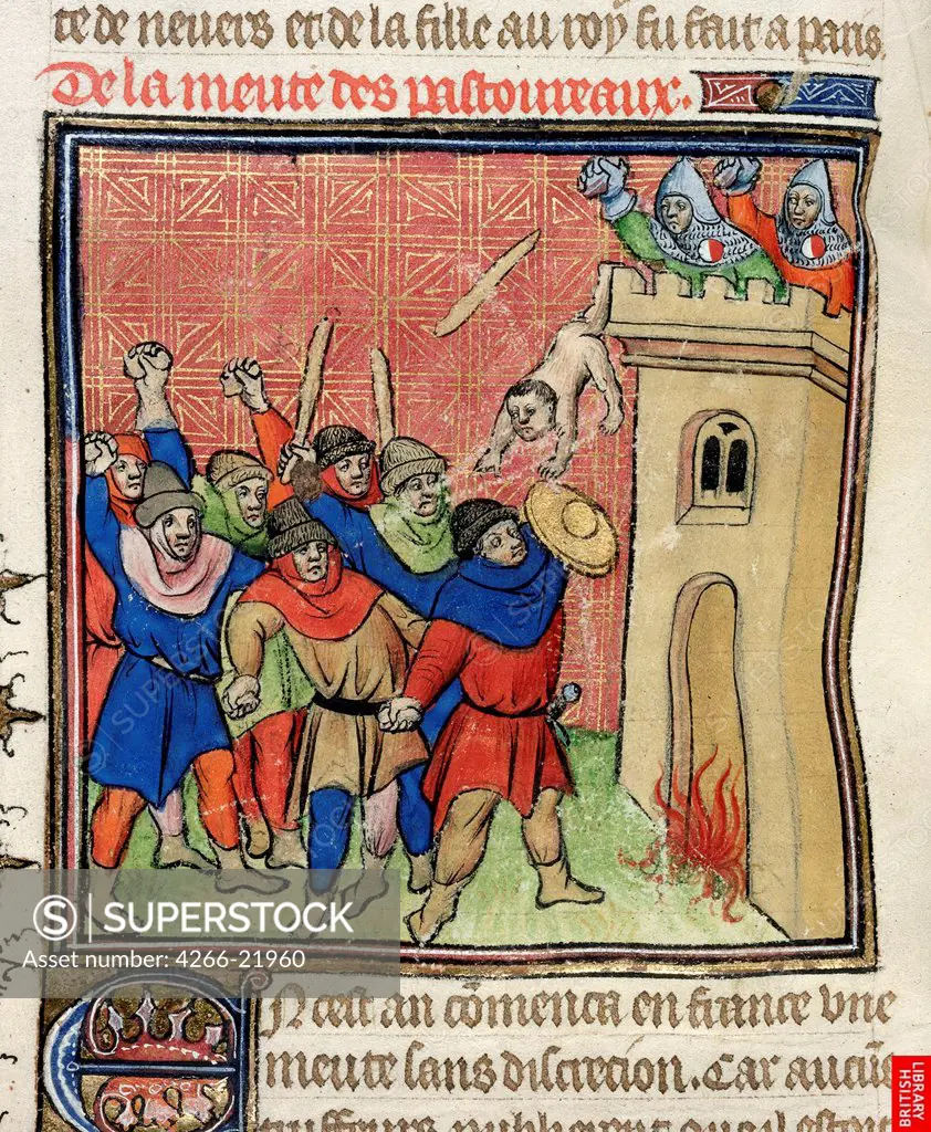 Detail of a miniature of the Third Crusade of Pastoureaux. Jews throwing their children from a tower by Virgil Master (active 1380-1420)/ Private Collection/ after 1380/ France/ Watercolour on parchment/ Gothic/ 25x18/ History