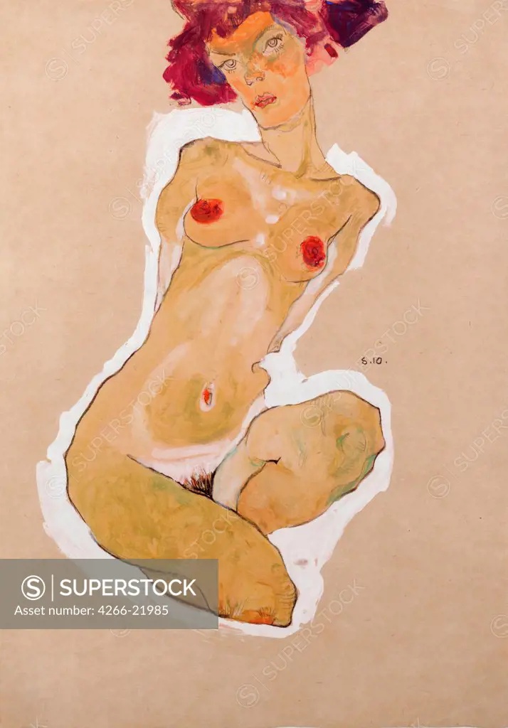 Squatting Female Nude by Schiele, Egon (1890_1918)/ Leopold Museum, Vienna/ 1910/ Austria/ Gouache, charcoal and white colour on paper/ Expressionism/ 44,7x31/ Nude painting