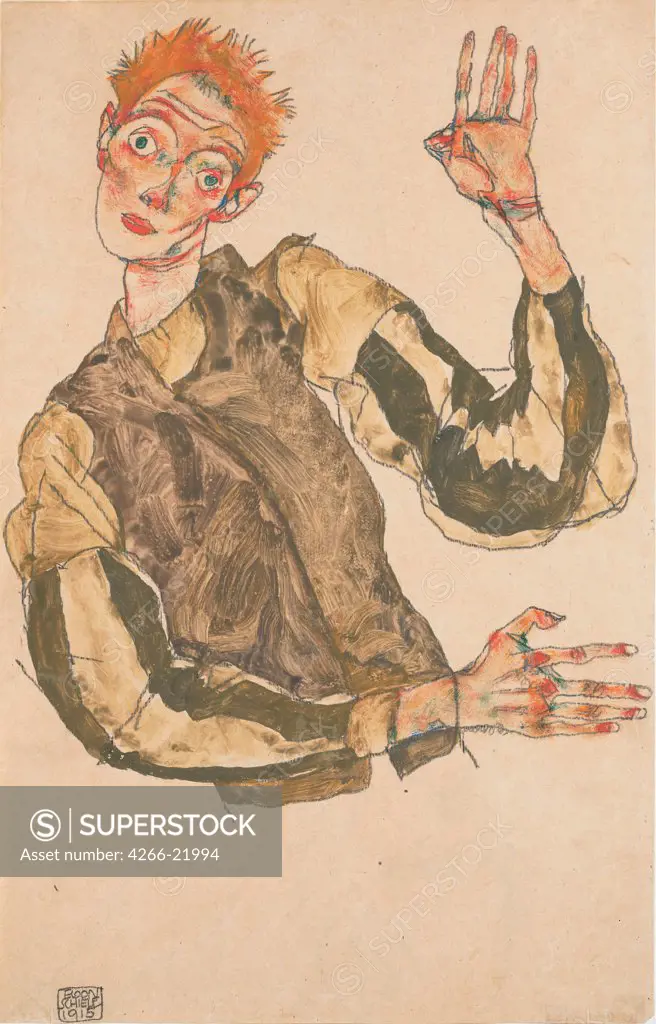 Self-Portrait with Striped Armlets by Schiele, Egon (1890_1918)/ Leopold Museum, Vienna/ 1915/ Austria/ Gouache on paper/ Expressionism/ 49x31,5/ Portrait