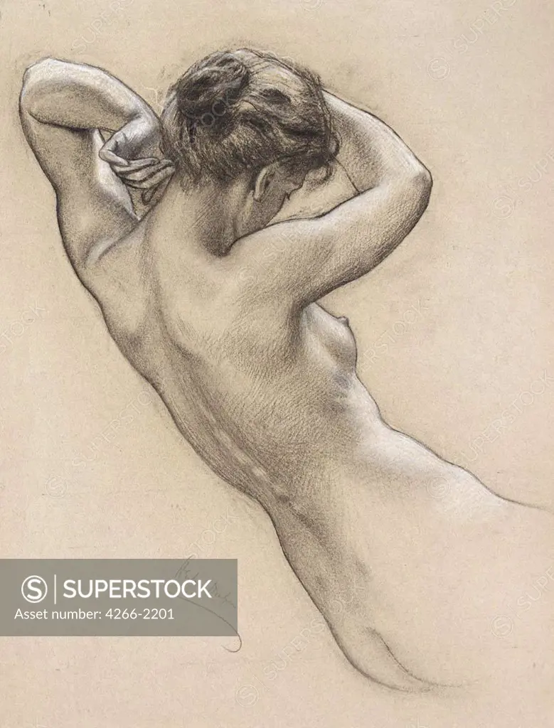 Young woman nude by Herbert James Draper, black and white chalk on paper, 1863-1920, Private Collection, 46x61