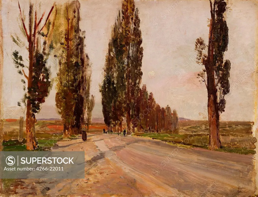 Boulevard of Poplars near Plankenberg by Schindler, Emil Jakob (1842-1892)/ Leopold Museum, Vienna/ c. 1890/ Austria/ Oil on wood/ Realism/ 26,2x33,5/ Landscape