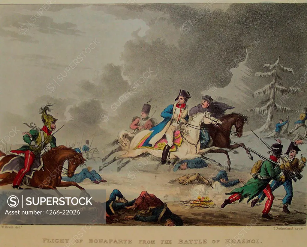 The Flight of Bonaparte from the Battle of Krasnoi by Sutherland, Thomas (1785-1838)/ State Borodino War and History Museum, Moscow/ 1815/ England/ Copper engraving, watercolour/ Classicism/ 15,5x22/ History
