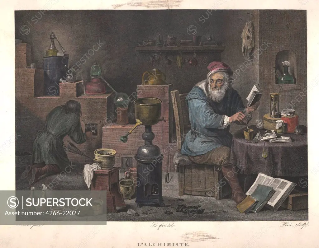 The Alchemist (after painting by David Teniers) by Peree, Jacques Louis (1769-1832)/ Private Collection/ Late 18th cent./ France/ Copper engraving, watercolour/ Baroque/ 23,2x31,8/ Genre