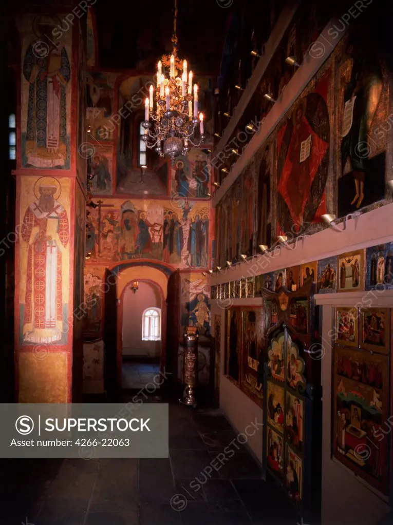 Interior with the iconostasis in the Saint Robe Church in the Moscow Kremlin by Old Russian Architecture  / Church of the Deposition of the Robe in the Kremlin, Moscow/ 1627/ Russia/ Photograph/ Old Russian Art/ Architecture, Interior