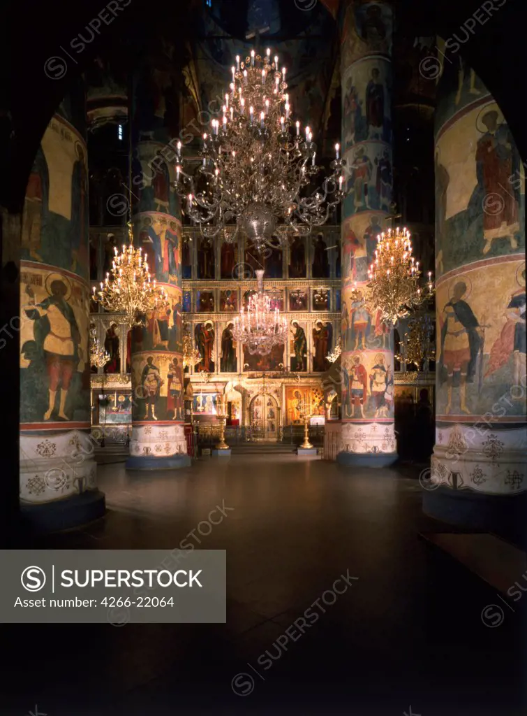 Interior with the iconostasis in the Assumption of the Blessed Virgin Cathedral in the Moscow Kremlin by Old Russian Architecture  / Cathedral of the Dormition in the Kremlin, Moscow/ 14th-15th cen./ Russia/ Photograph/ Old Russian Art/ Architecture, Int