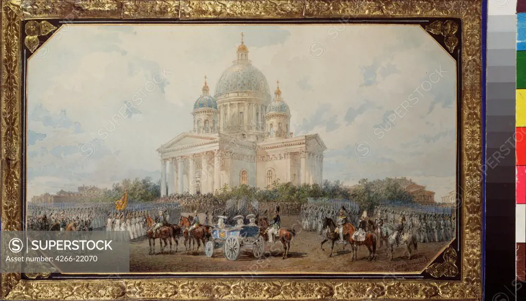Review at the Saint Isaac's Cathedral in Saint Petersburg by Sadovnikov, Vasily Semyonovich (1800-1879)/ Museum of Private Collections in A. Pushkin Museum of Fine Arts, Moscow/ 1850/ Russia/ Watercolour on paper/ Russian Painting of 19th cen./ 14,8x25,7