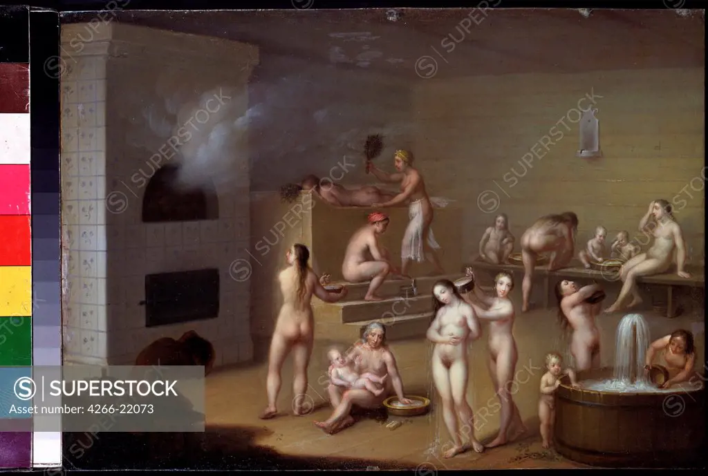 Russian bath by Letunov, Ivan Zakharovich (1814-1841)/ Museum of Private Collections in A. Pushkin Museum of Fine Arts, Moscow/ 1825/ Russia/ Oil on copper/ Russian Painting of 19th cen./ 18,5x27,5/ Genre,Nude painting