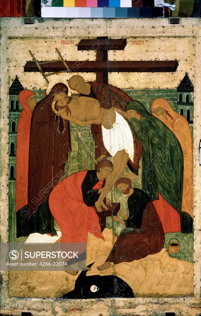 The Descent from the Cross by Russian icon  / State Tretyakov Gallery, Moscow/ Last quarter of 15th cen./ Russia, Novgorod School/ Tempera on panel/ Russian icon painting/ 91x62/ Bible