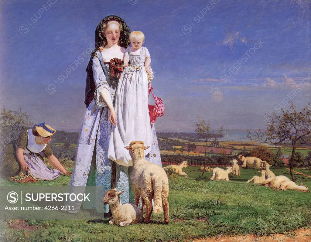Mother with child on pasture with sheeps by Ford Madox Brown, oil on wood, 1859, 1821-1893, England, Birmingham, Birmingham Museum and Art Gallery, 76, 2x61