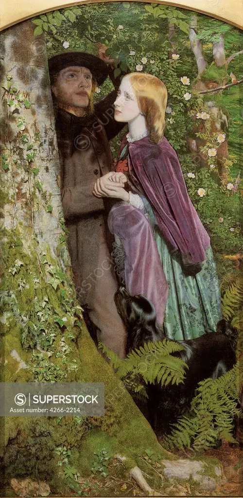 Couple in woods by Arthur Hughes, oil on canvas, 1859, 1832-1915, England, Birmingham, Birmingham Museum and Art Gallery, 105, 4x52