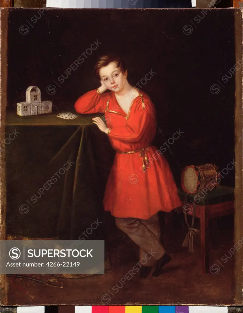 A Boy in a Red Shirt with House of Cards on the Table by Russian master  / State Russian Museum, St. Petersburg/ 1830s/ Russia/ Oil on canvas/ Russian Painting of 19th cen./ 71x58/ Genre