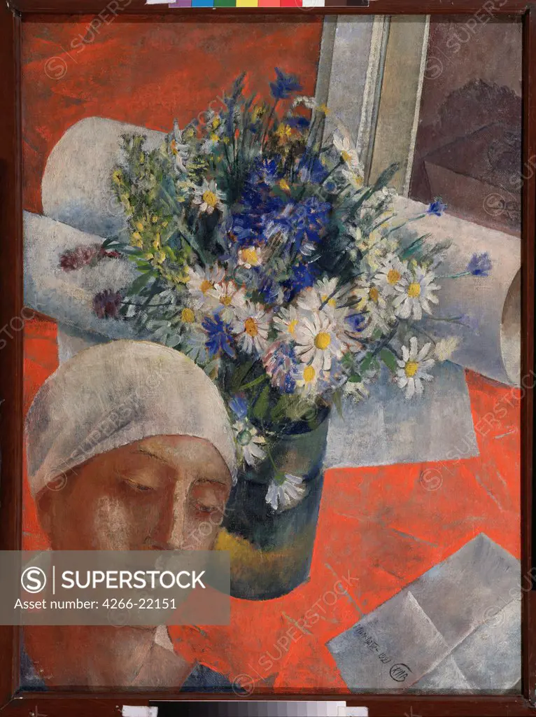 Flowers and a Woman's head by Petrov-Vodkin, Kuzma Sergeyevich (1878-1939)/ Private Collection/ 1921/ Russia/ Oil on canvas/ Russian Painting, End of 19th - Early 20th cen./ 63x52/ Still Life