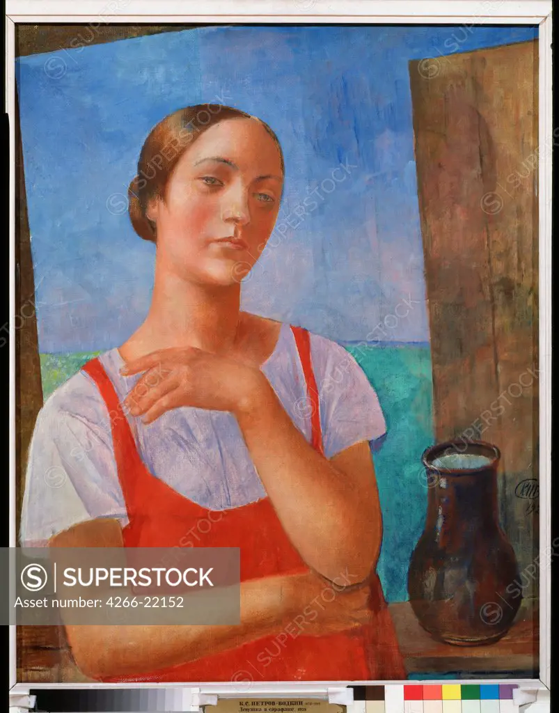 Young woman in summer dress by Petrov-Vodkin, Kuzma Sergeyevich (1878-1939)/ State Russian Museum, St. Petersburg/ 1928/ Russia/ Oil on canvas/ Russian Painting, End of 19th - Early 20th cen./ 80x64,5/ Genre