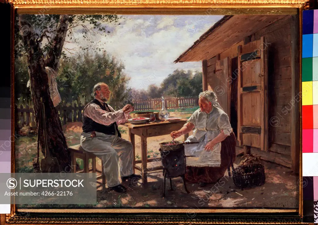 Jam cooking by Makovsky, Vladimir Yegorovich (1846-1920)/ State Tretyakov Gallery, Moscow/ 1876/ Russia/ Oil on canvas/ Russian Painting of 19th cen./ 33,9x49,5/ Genre