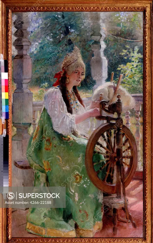 At the Spinning wheel by Makovsky, Konstantin Yegorovich (1839-1915)/ State Tretyakov Gallery, Moscow/ End 1890s/ Russia/ Oil on canvas/ Russian Painting of 19th cen./ 140x80/ Genre