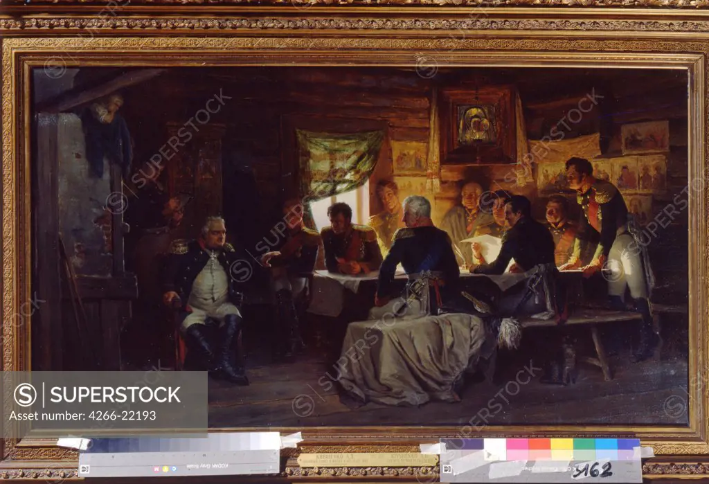 The military council in the village of Fili near Moscow on September 13th, 1812 by Kivshenko, Alexei Danilovich (1851-1895)/ State Tretyakov Gallery, Moscow/ 1882/ Russia/ Oil on canvas/ Russian Painting of 19th cen./ 64x117/ History