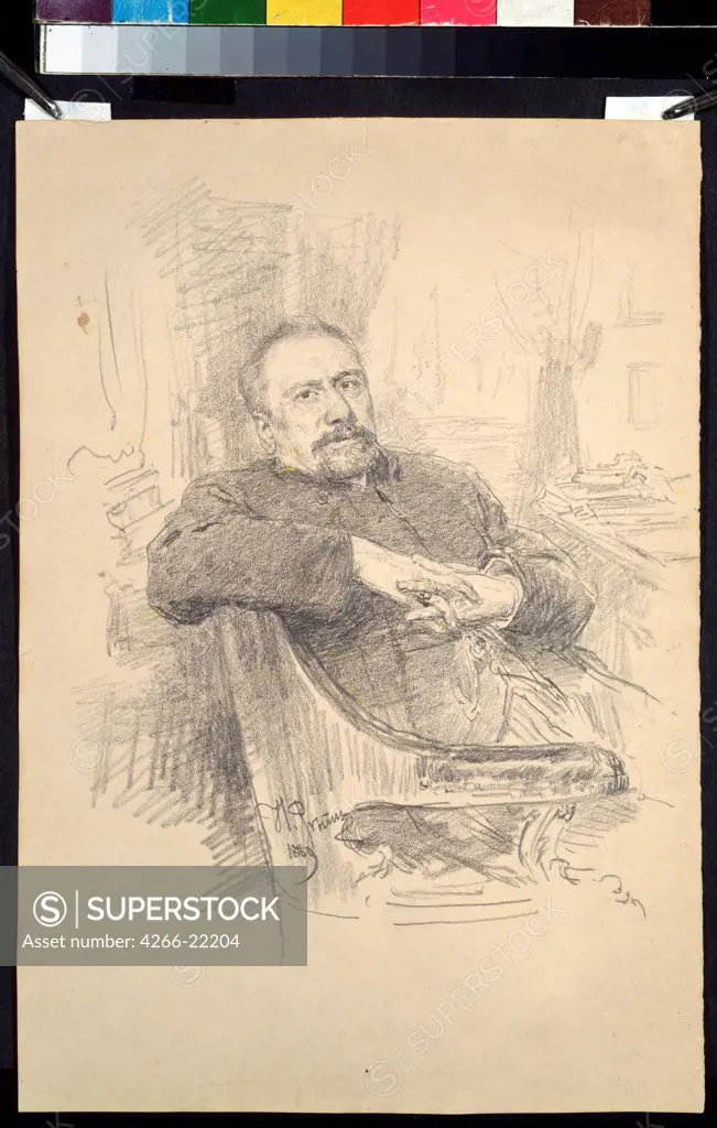Portrait of the author Nikolai Leskov (1831-1895) by Repin, Ilya Yefimovich (1844-1930)/ Museum of Private Collections in A. Pushkin Museum of Fine Arts, Moscow/ 1889/ Russia/ Pencil on Paper/ Russian Painting of 19th cen./ 29,7x20,2/ Portrait