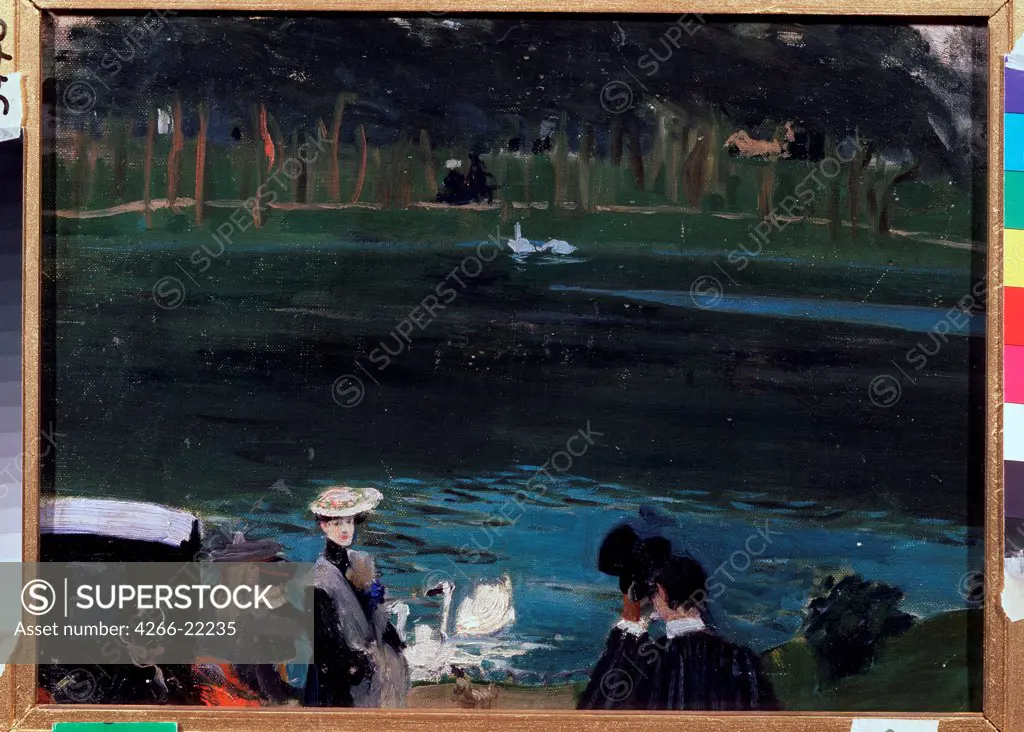 Bois de Boulogne by Kustodiev, Boris Michaylovich (1878-1927)/ Regional Art Museum, Kaluga/ 1909/ Russia/ Oil on canvas/ Russian Painting, End of 19th - Early 20th cen./ 29x40,5/ Landscape