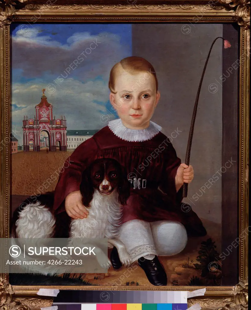 Boy with a dog before the Red Gates by Russian master  / State V. Tropinin-Museum, Moscow/ 1840/ Russia/ Oil on canvas/ Russian Painting of 19th cen./ Genre