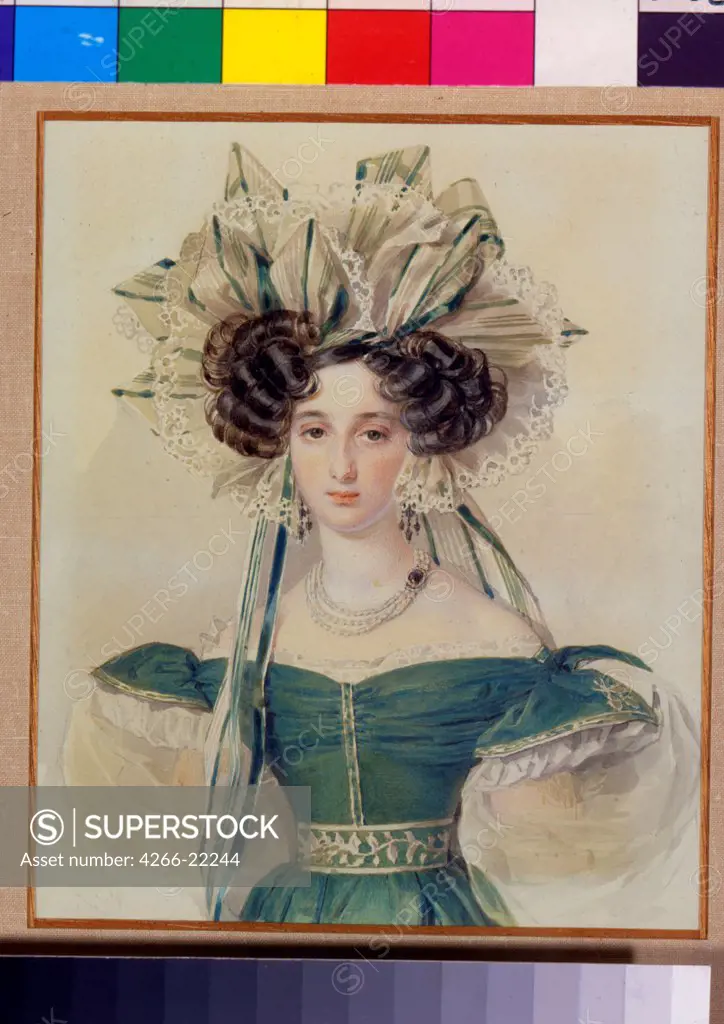 Portrait of Countess Elisabeth Vorontsova by Sokolov, Pyotr Fyodorovich (1791-1848)/ State V. Tropinin-Museum, Moscow/ c. 1823/ Russia/ Watercolour on paper/ Russian Painting of 19th cen./ 19x16/ Portrait
