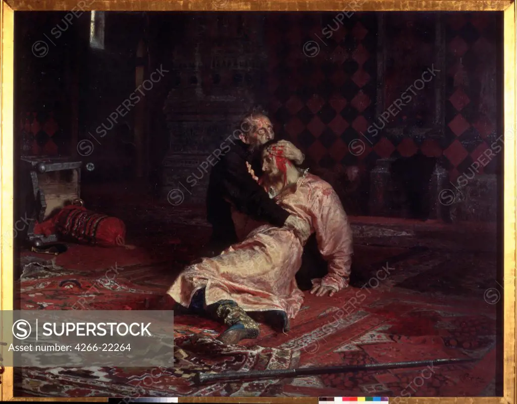 Ivan the Terrible and his son Ivan on Friday, November 16, 1581 by Repin, Ilya Yefimovich (1844-1930)/ State Tretyakov Gallery, Moscow/ 1885/ Russia/ Oil on canvas/ Russian Painting of 19th cen./ 199,5x254/ Genre