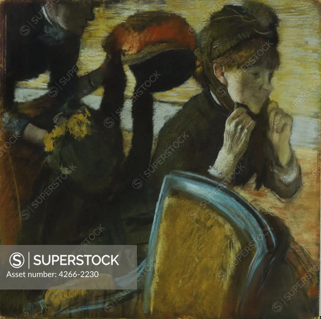 Lady trying on hats by Edgar Degas, pastel on cardboard, circa 1882, 1834-1917, USA, New York, Museum of Modern Art, 70, 2x70, 5