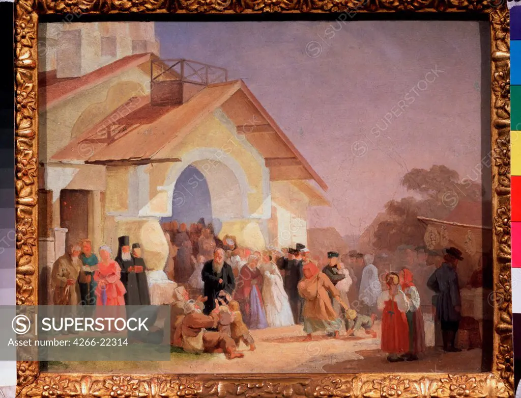 Coming out of a Church in Pskov by Morozov, Alexander Ivanovich (1835-1904)/ State A. Pushkin Museum of Fine Arts, Moscow/ 1863-1864/ Russia/ Oil on canvas/ Russian Painting of 19th cen./ 19,4x24,7/ Genre