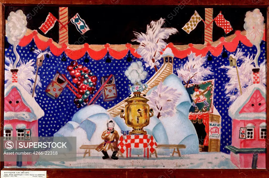 Stage design for the theatre play The flea by E. Zamyatin by Kustodiev, Boris Michaylovich (1878-1927)/ Museum of Private Collections in A. Pushkin Museum of Fine Arts, Moscow/ 1925-1926/ Russia/ Tempera on playwood/ Theatrical scenic painting/ 61,3x97,5
