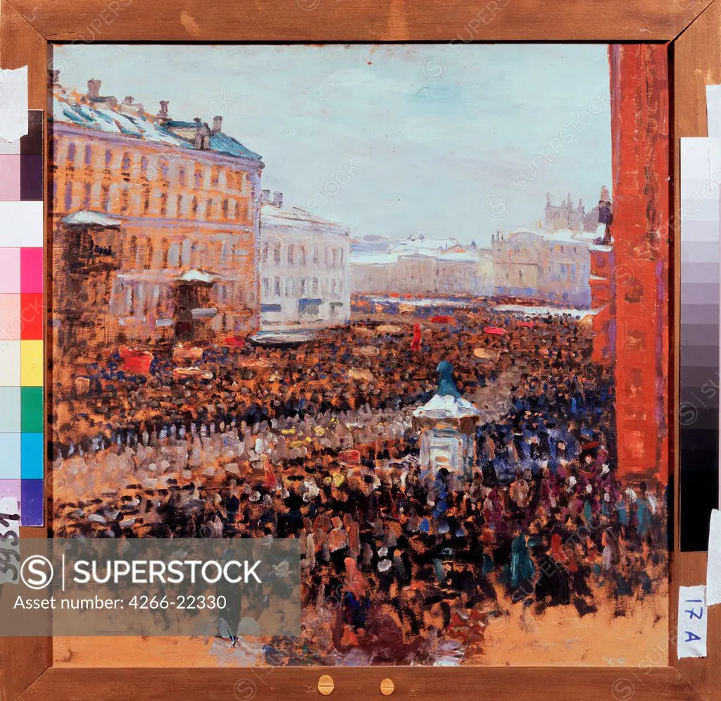 Revolutionary demonstration in Moscow in 1917 by Meshkov, Vasili Nikitich (1868-1946)/ State Regional I. Pozhalostin Art Museum, Ryasan/ 1917/ Russia/ Oil on canvas/ Russian Painting, End of 19th - Early 20th cen./ 55x55/ History