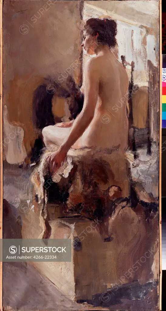 A nude by Nikiforov, Semyon Gavrilovich (1877-1912)/ State Regional I. Pozhalostin Art Museum, Ryasan/ 1903/ Russia/ Oil on canvas/ Russian Painting, End of 19th - Early 20th cen./ 149,5x73,3/ Nude painting