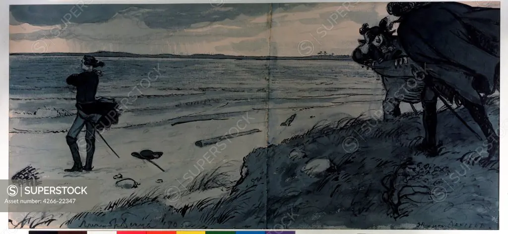 Peter I at the Newa shore. Illustration for the poem The Copper rider by A. Pushkin by Lanceray (Lansere), Evgeny Evgenyevich (1875-1946)/ A. Pushkin Memorial Museum, St. Petersburg/ 1903/ Russia/ Watercolour on paper/ Book design/ 39,7x28,5/ Mythology,