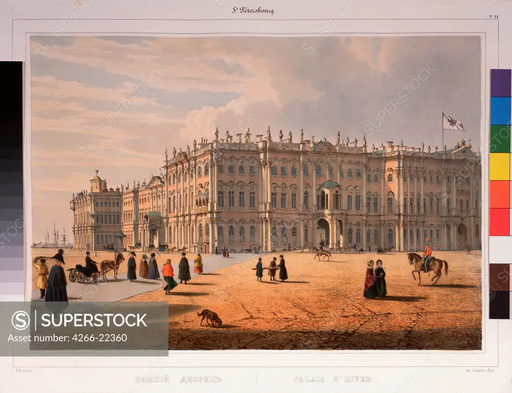 View of the Winter Palace in Saint Petersburg by Perrot, Ferdinand Victor (1808-1841)/ A. Pushkin Memorial Museum, St. Petersburg/ 1840/ France/ Lithograph, watercolour/ Classicism/ 25,5x37/ Architecture, Interior