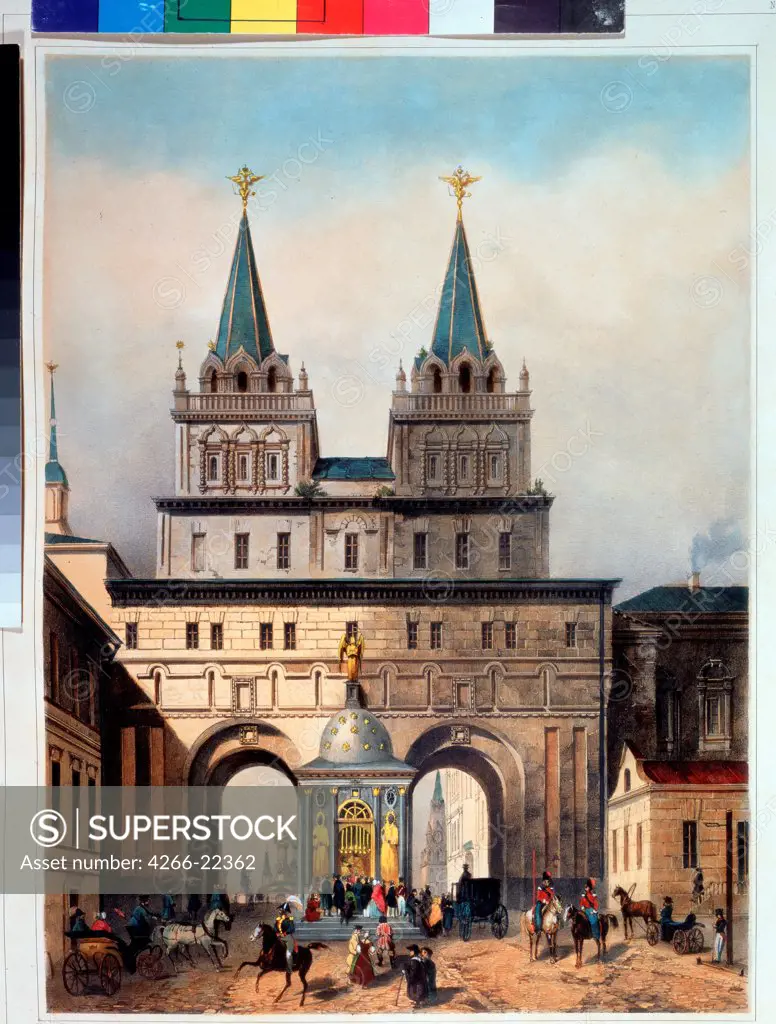 The Resurrection Gate in Moscow by Muller, Andreas Jakob Heinrich (1811-1890)/ A. Pushkin Memorial Museum, St. Petersburg/ 1840s/ Germany/ Lithograph, watercolour/ German Painting of 19th cen./ Architecture, Interior