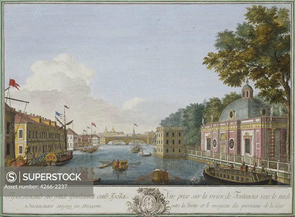 View of Fontanka river in St Petersburg by Mikhail Ivanovich Makhaev, copper engraving, watercolor, 1753, 1718-1770, Russia, St Petersburg, State Hermitage, 51, 5x69, 5