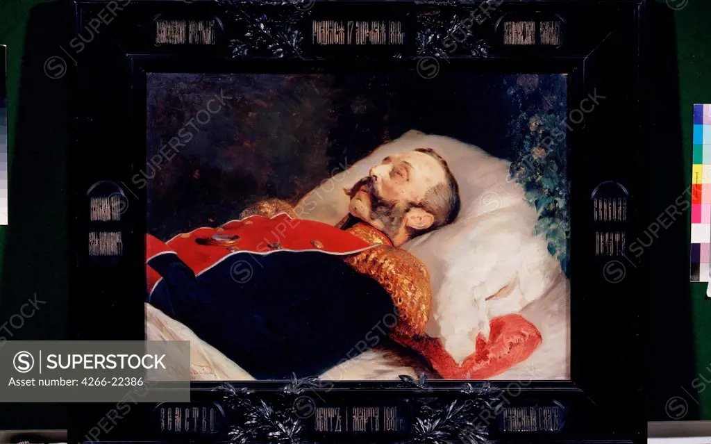 Emperor Alexander II on the deathbed by Makovsky, Konstantin Yegorovich (1839-1915)/ State Tretyakov Gallery, Moscow/ 1881/ Russia/ Oil on canvas/ Russian Painting of 19th cen./ 61x85,5/ Portrait