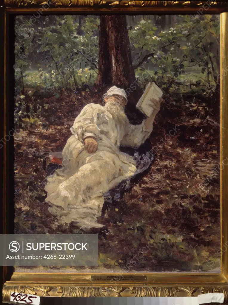 Leo Tolstoy resting in a forest by Repin, Ilya Yefimovich (1844-1930)/ State Tretyakov Gallery, Moscow/ 1891/ Russia/ Oil on canvas/ Russian Painting of 19th cen./ 60x50/ Portrait