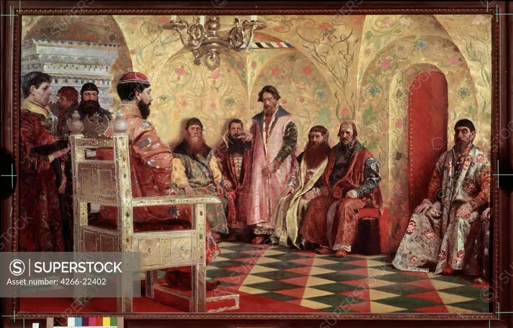 Tsar Michael I Feodorovich at the session of the Boyar Duma by Ryabushkin, Andrei Petrovich (1861-1904)/ State Tretyakov Gallery, Moscow/ 1893/ Russia/ Oil on canvas/ Russian Painting of 19th cen./ 146,8x233/ Genre,History