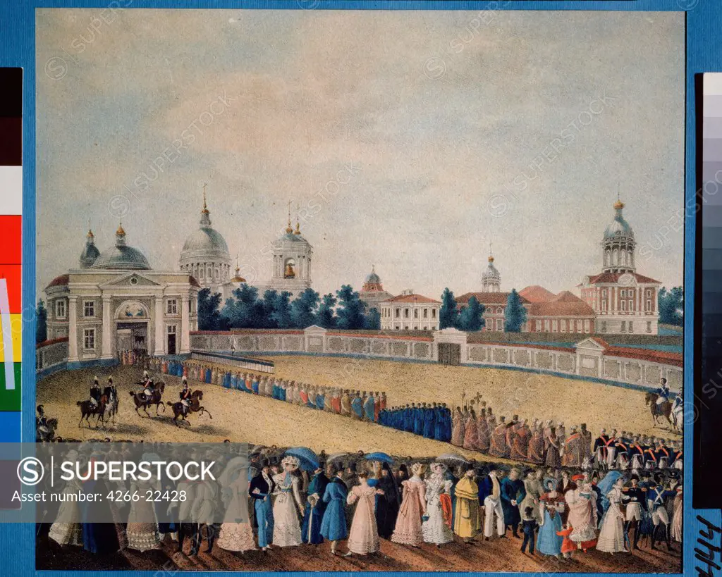 Visitation of Tsar Alexander I in the Alexander Nevsky Monastery by Russian master  / State History Museum, Moscow/ 1821/ Russia/ Watercolour on paper/ Romanticism/ 26x30/ Genre