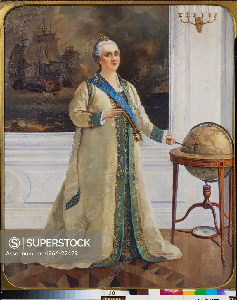 Empress Catherine II in the naval full dress by Pen, Sergei Varlenovich (*1952)/ State Central Navy Museum, St. Petersburg/ 1998/ Russia/ Oil on canvas/ Modern/ 10080/ Portrait