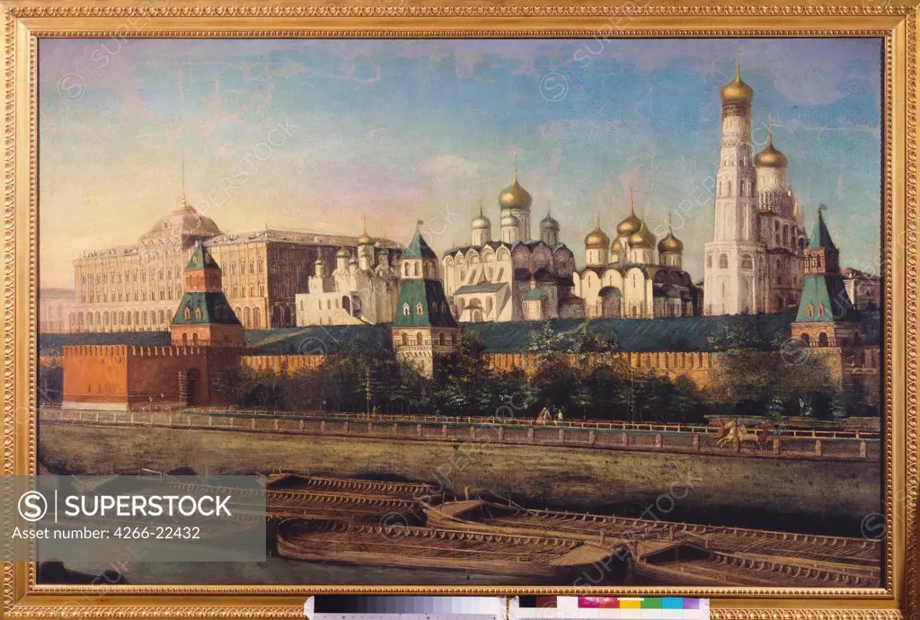 View of the Moscow Kremlin by Podklyuchnikov, Nikolai Ivanovich (1813-1877)/ State United Museum Centre in the Kremlin, Moscow/ Russia/ Oil on canvas/ Russian Painting of 19th cen./ 100,5x168/ Architecture, Interior