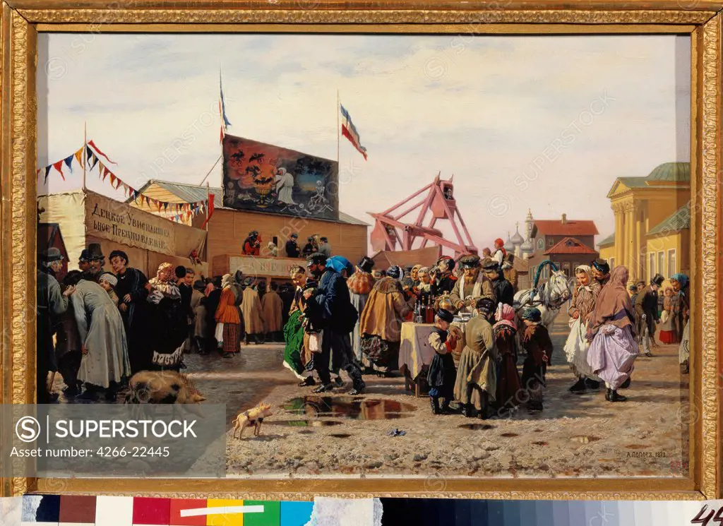 Show booths at Eastern Market in Tula by Popov, Andrei Andreyevich (1832-1896)/ State Russian Museum, St. Petersburg/ 1868/ Russia/ Oil on canvas/ Russian Painting of 19th cen./ 29x45/ Genre