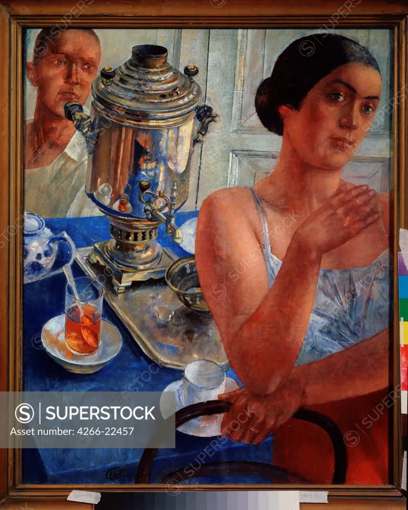 At the samovar by Petrov-Vodkin, Kuzma Sergeyevich (1878-1939)/ State Tretyakov Gallery, Moscow/ 1926/ Russia/ Oil on canvas/ Russian Painting, End of 19th - Early 20th cen./ 80x64,5/ Genre