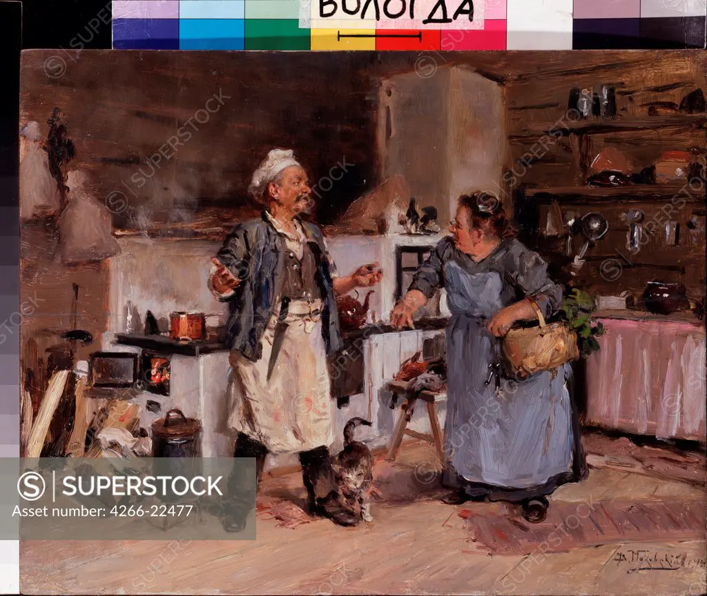 Quarrel in the kitchen by Makovsky, Vladimir Yegorovich (1846-1920)/ Regional Art Gallery, Vologda/ 1912/ Russia/ Oil on canvas/ Russian Painting, End of 19th - Early 20th cen./ 32x40/ Genre