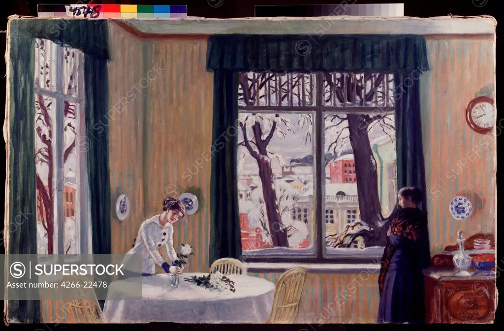 In the room. Winter by Kustodiev, Boris Michaylovich (1878-1927)/ State Regional I. Pozhalostin Art Museum, Ryasan/ 1915/ Russia/ Oil on canvas/ Russian Painting, End of 19th - Early 20th cen./ 71x115/ Genre