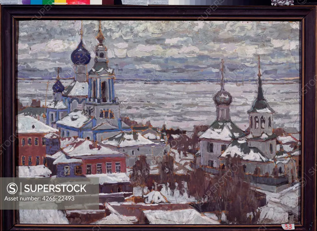 Rostov in Winter by Petrovichev, Pyotr Ivanovich (1874-1947)/ State Open-air Museum Rostov Kremlin, Rostov/ 1910/ Russia/ Gouache and Tempera on cardboard/ Russian Painting, End of 19th - Early 20th cen./ 71x99/ Landscape