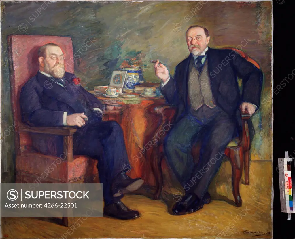 At the tea. Portrait of the collectors Ossip Cetlin und David Wyssotski by Pasternak, Leonid Osipovich (1862-1945)/ Regional A. Deineka Art Gallery, Kursk/ 1913/ Russia/ Tempera on canvas/ Russian Painting, End of 19th - Early 20th cen./ 156,5x178,5/ Por