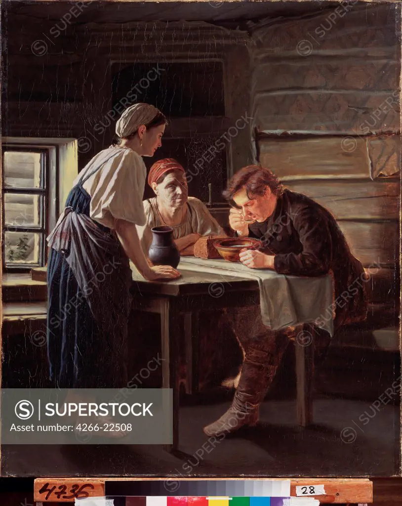Pilgrim's Reception by Perov, Vasili Grigoryevich (1834-1882)/ Regional A. and V. Vasnetsov Art Museum, Kirov/ 1874/ Russia/ Oil on canvas/ Russian Painting of 19th cen./ 93x78/ Genre