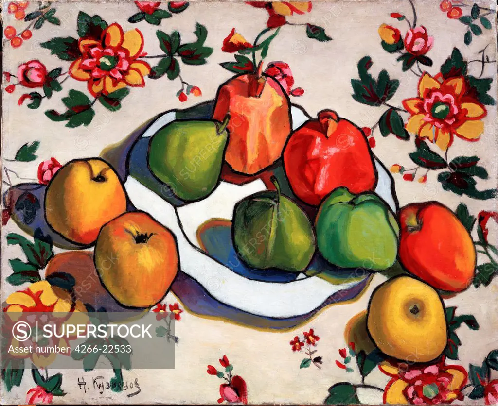 Pomegranates and apples by Kuznetsov, Nikolai Yefimovich (1876-1970)/ Regional Art Gallery, Tchelyabinsk/ 1916/ Russia/ Oil on canvas/ Russian Painting, End of 19th - Early 20th cen./ 59x73/ Still Life