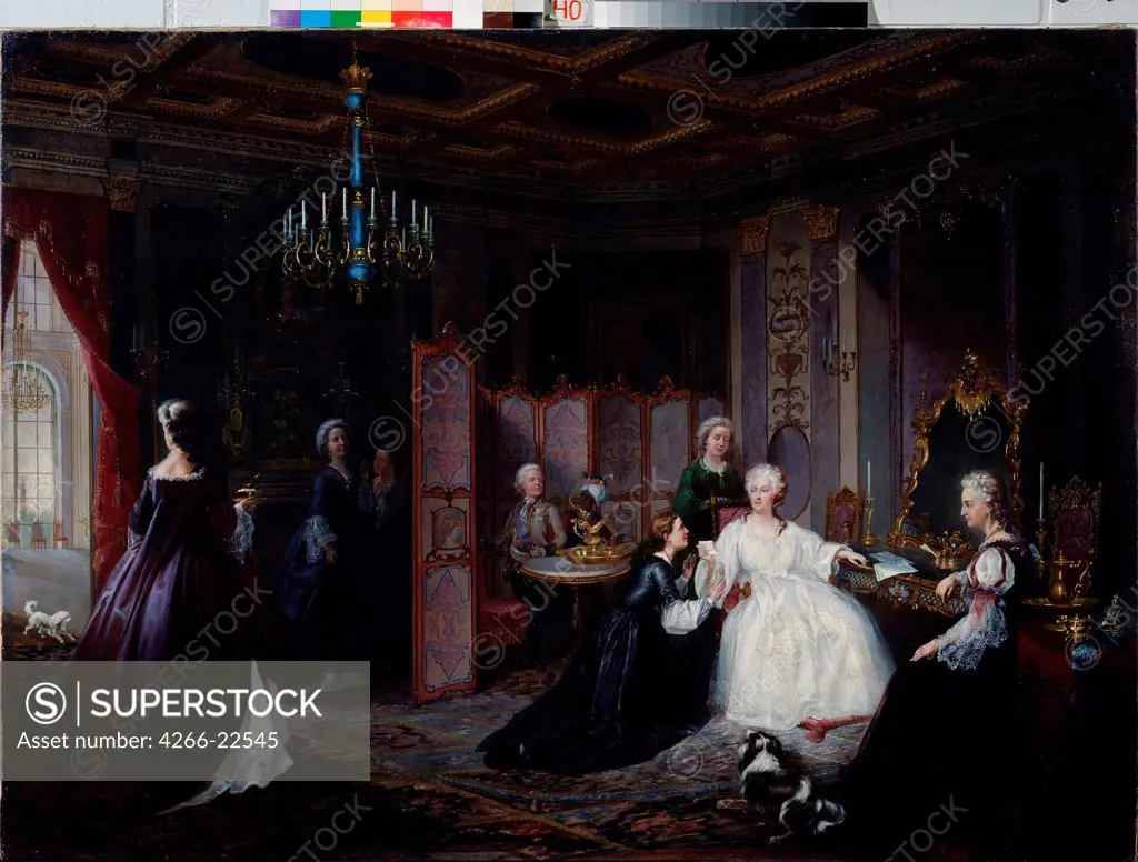 Empress Catherine the Great receiving a letter by Miodushevsky, Ivan Osipovich (1831-1906)/ State Tretyakov Gallery, Moscow/ 1861/ Russia/ Oil on canvas/ Russian Painting of 19th cen./ 107,5x147,/ Genre