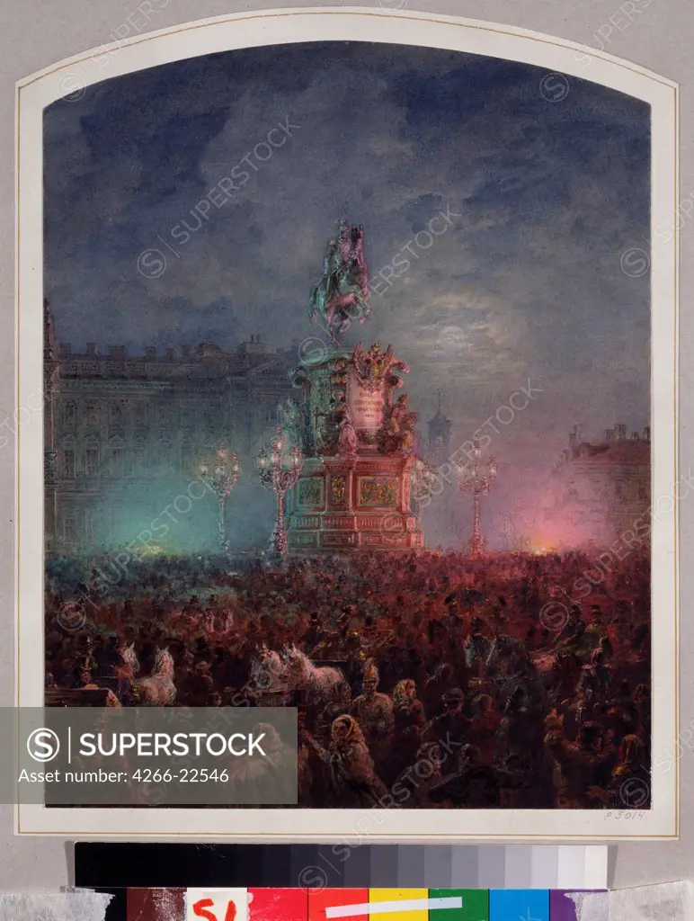 Opening ceremony of the Monument to Nicholas I in Saint Petersburg on June 25, 1859 by Sadovnikov, Vasily Semyonovich (1800-1879)/ State Russian Museum, St. Petersburg/ 1857/ Russia/ Watercolour on paper/ Russian Painting of 19th cen./ 28,9x22,7/ Genre